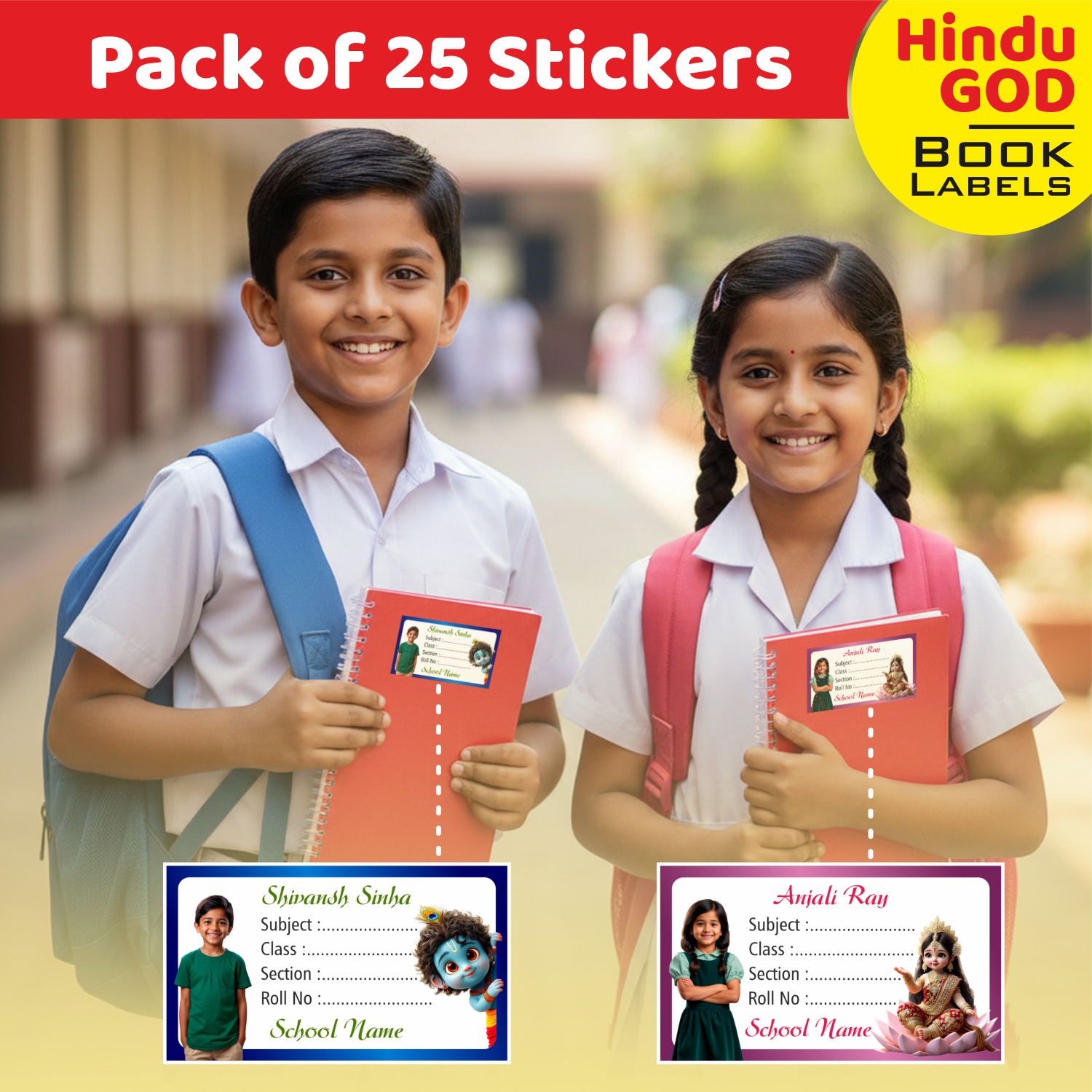 Customized Book Labels with Kid’s Photo & Hindu God Designs (Set of 25)