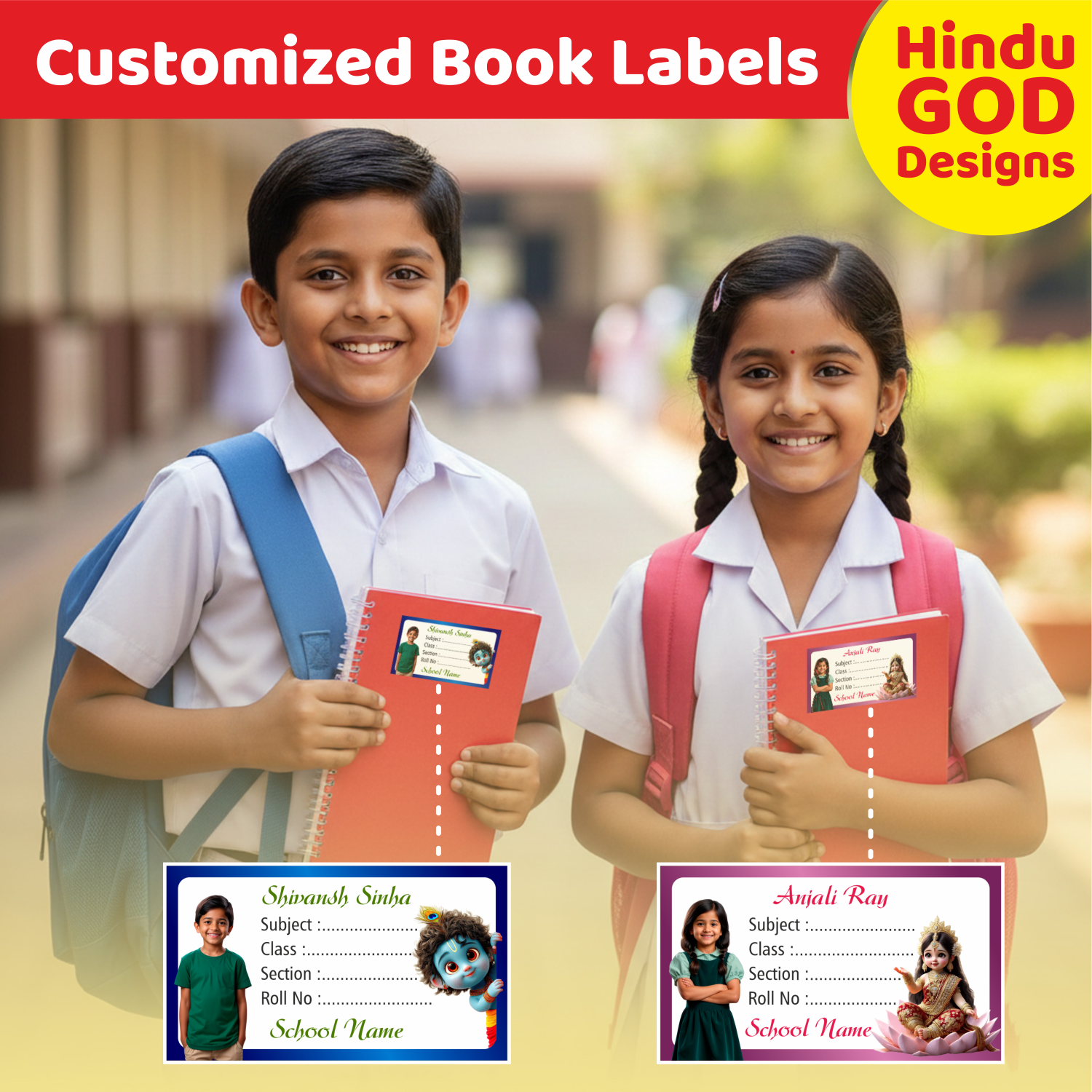 Customized Book Labels with Kid’s Photo & Hindu God Designs (Set of 25)
